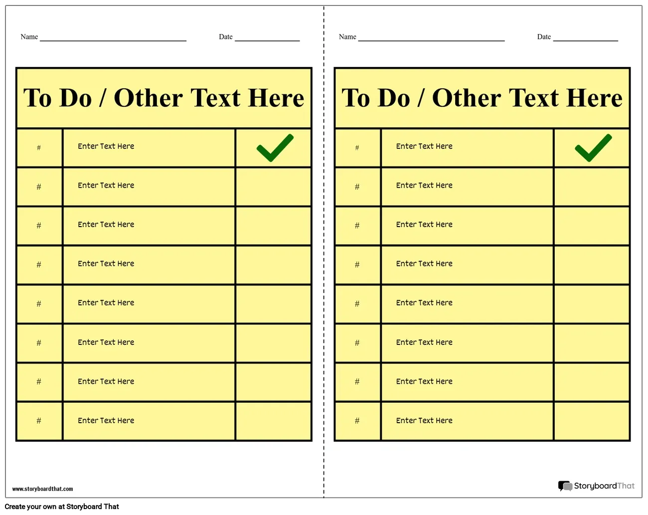 Printable yellow checklist template with columns for tasks, checkmarks, and spaces for name and date.