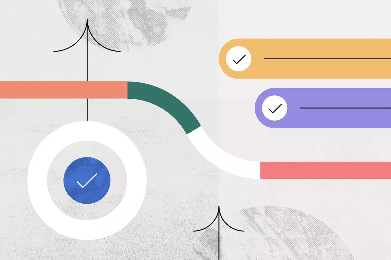 Abstract time management flowchart with checkmarks and color-coded task bars for efficiency planning
