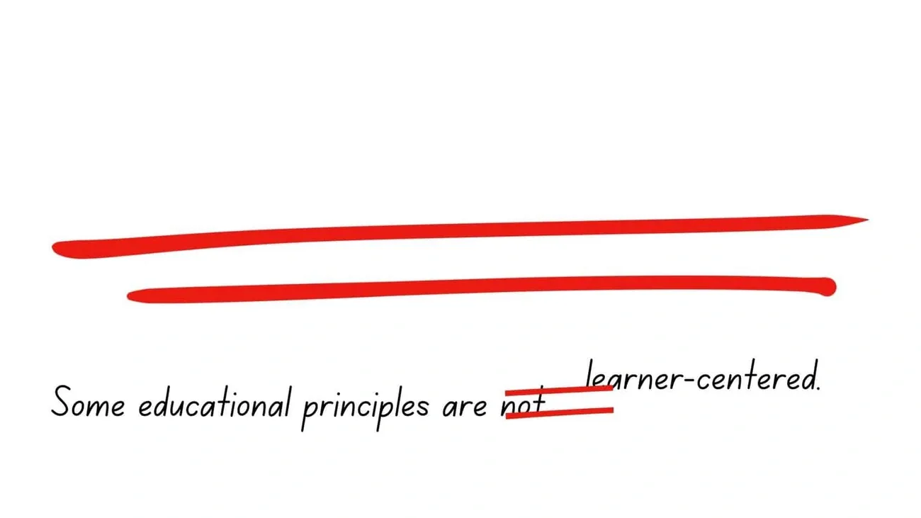 Red proofreading marks underline and strike through words in a sentence about educational principles being learner-centered.