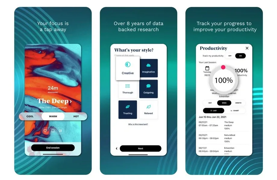 Mobile app interface showing focus timer, style selection, and productivity tracking for students and professionals.