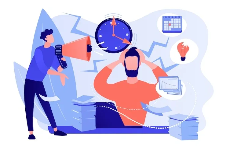 A stressed man holding his head while another person uses a megaphone to remind him of deadlines and tasks.