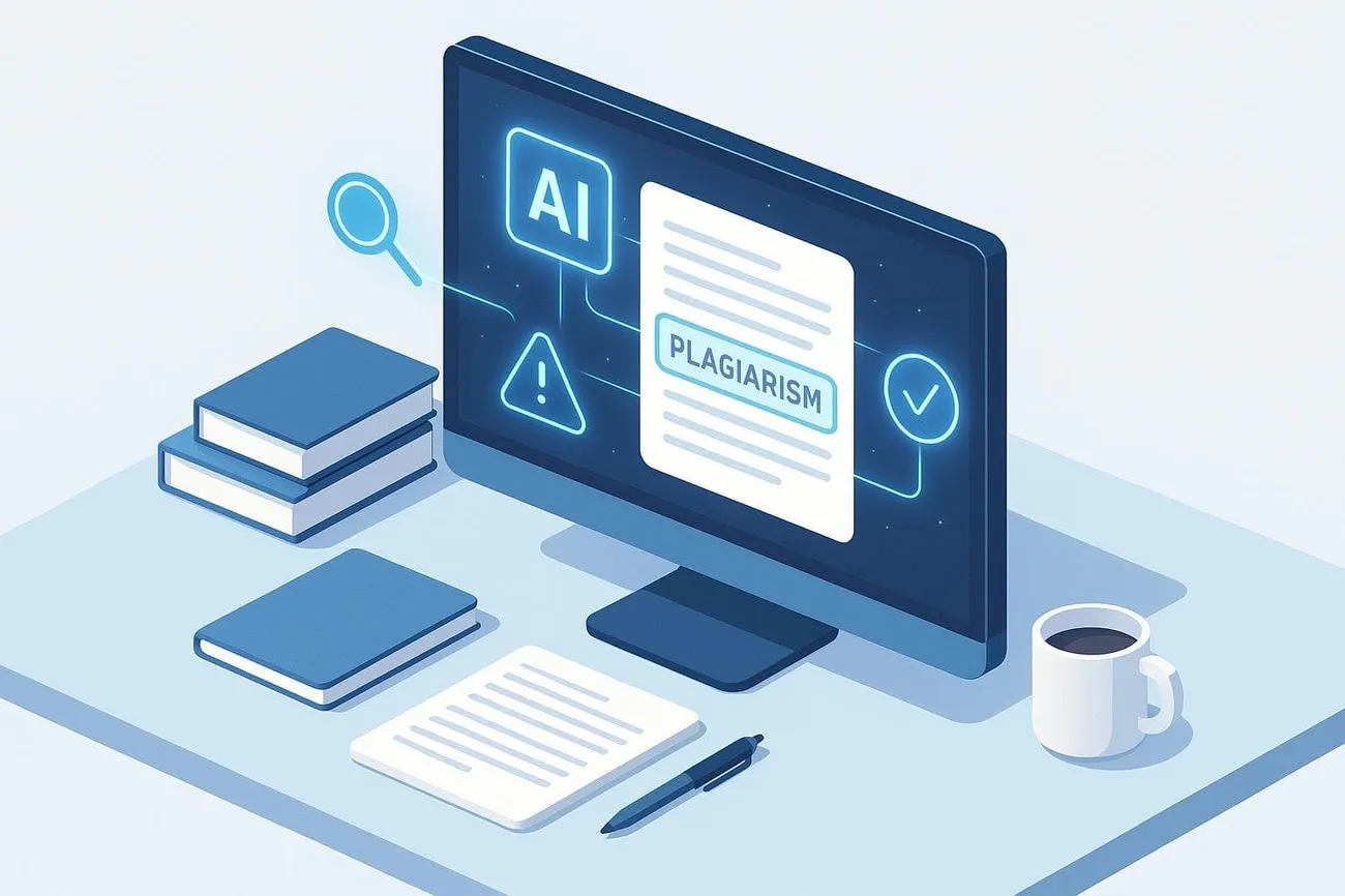 Illustration of a computer screen showing AI-powered plagiarism detection with books, paper, pen, and coffee on a desk.