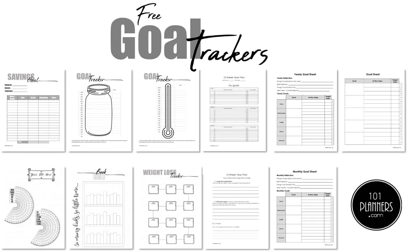 Printable free goal chart templates and trackers for savings, books, weight loss, and yearly or monthly planning from 101planners.com.