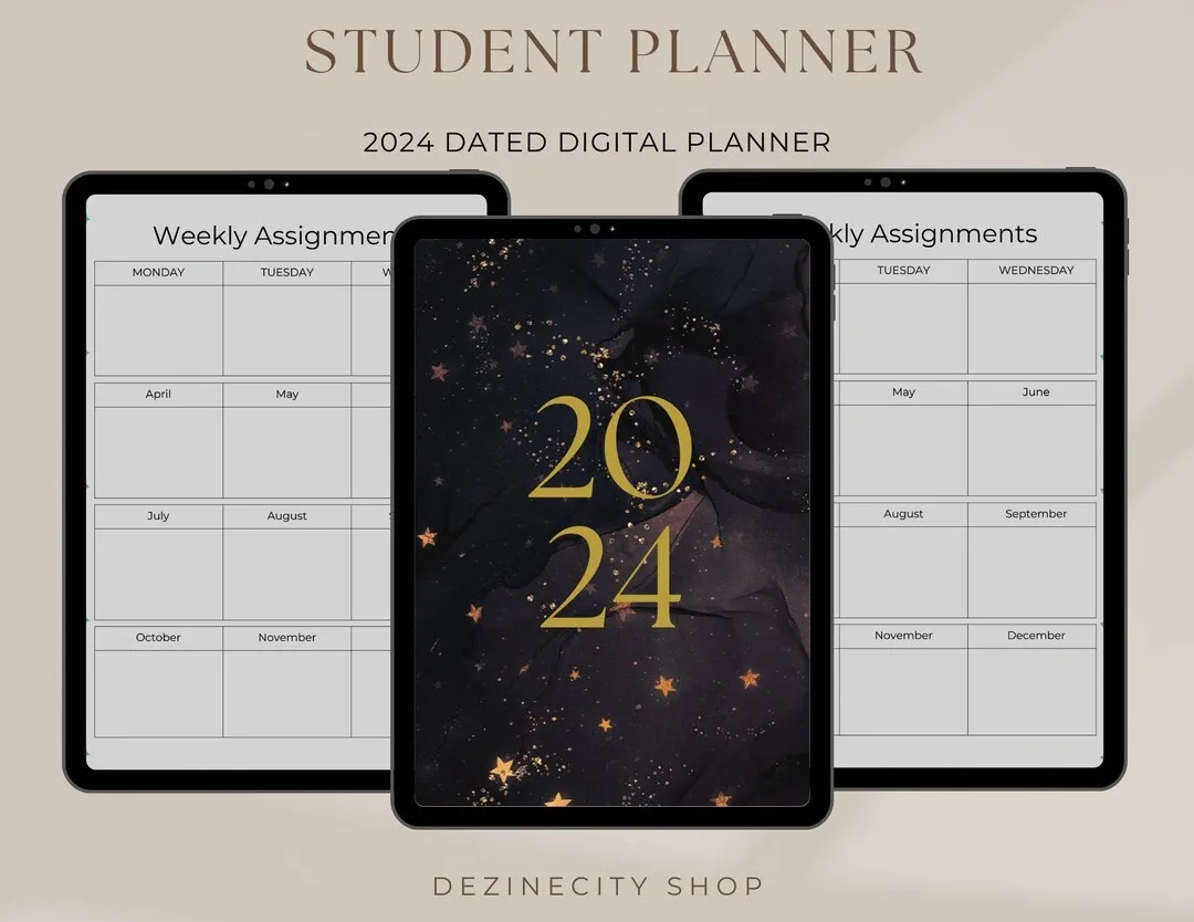 2024 student digital planner displayed on tablets with weekly assignment pages and a starry cover design.
