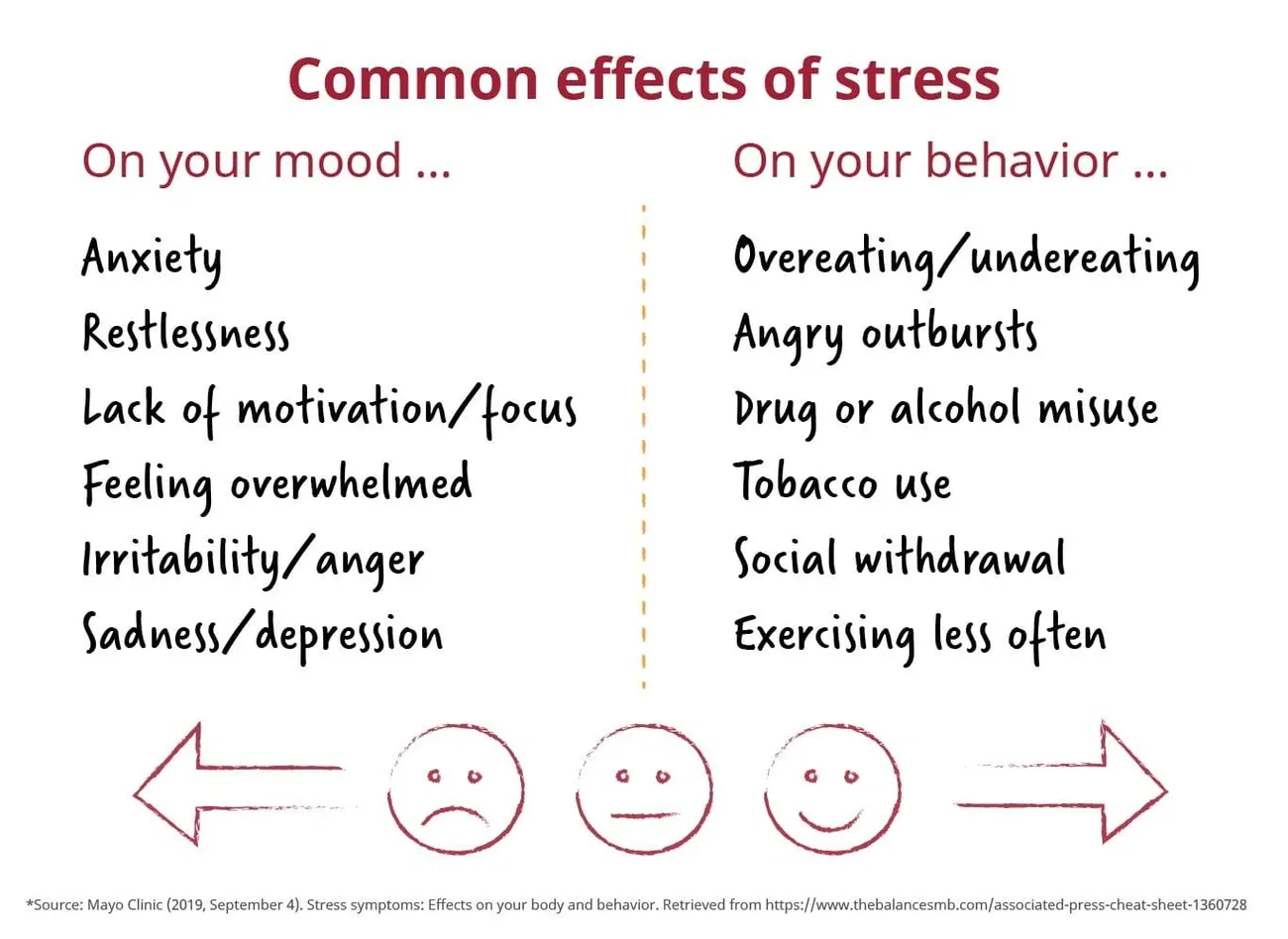 List of common stress effects on mood and behavior, including anxiety, irritability, overeating, and social withdrawal.