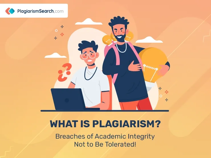 Two students with a laptop and lightbulb illustrate the concept of plagiarism as a breach of academic integrity.