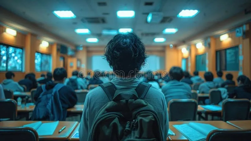 Students seated in a classroom, viewed from behind one with a backpack, focusing on a lecture or presentation.
