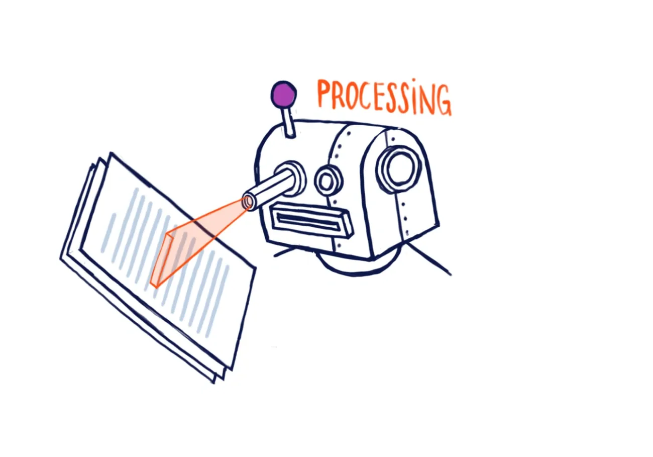 Robot head scanning and processing a document with the word 'PROCESSING' above it in orange text.