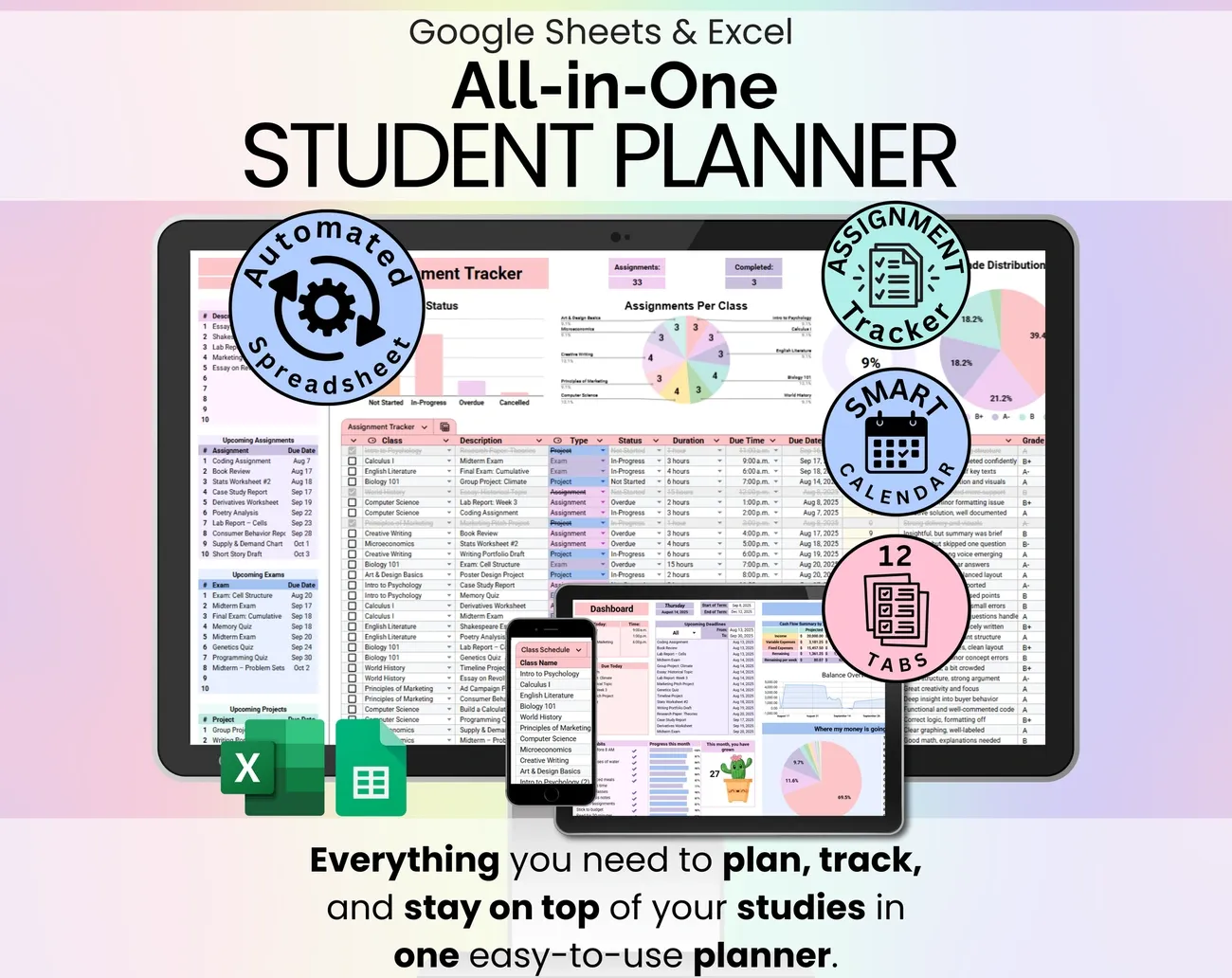 All-in-One Student Planner for Google Sheets and Excel with automated tracking, smart calendar, and 12 tabs for assignments and exams.