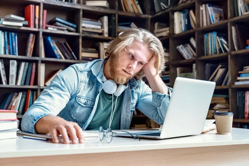 Tired male student resting his head on hand while studying at a desk with laptop and books in a library.