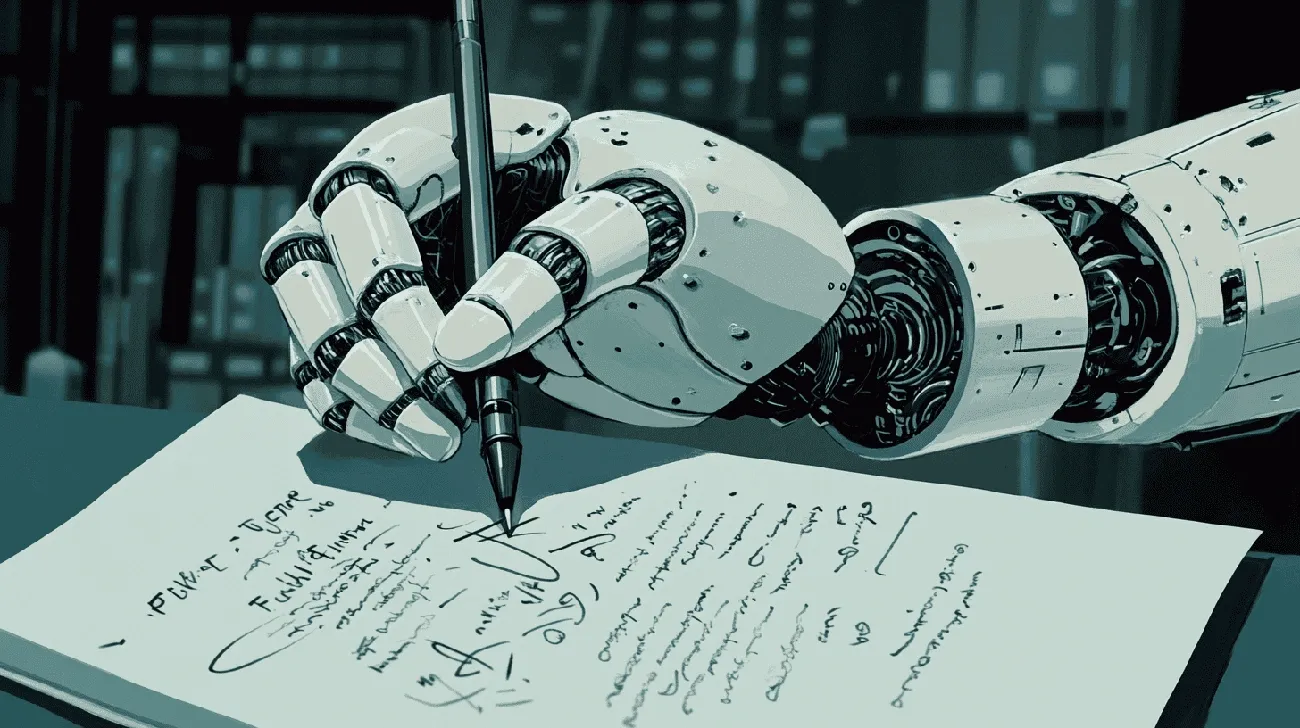 A robotic hand holding a pen and writing on paper, symbolizing AI-generated writing and detection.