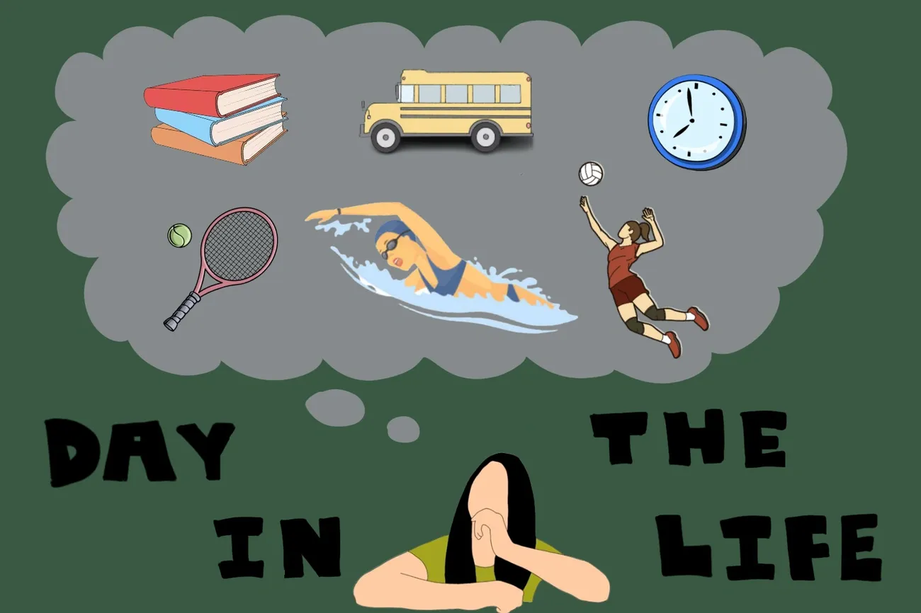 Illustration of a student athlete imagining books, sports, a school bus, and a clock, representing a day in their life.