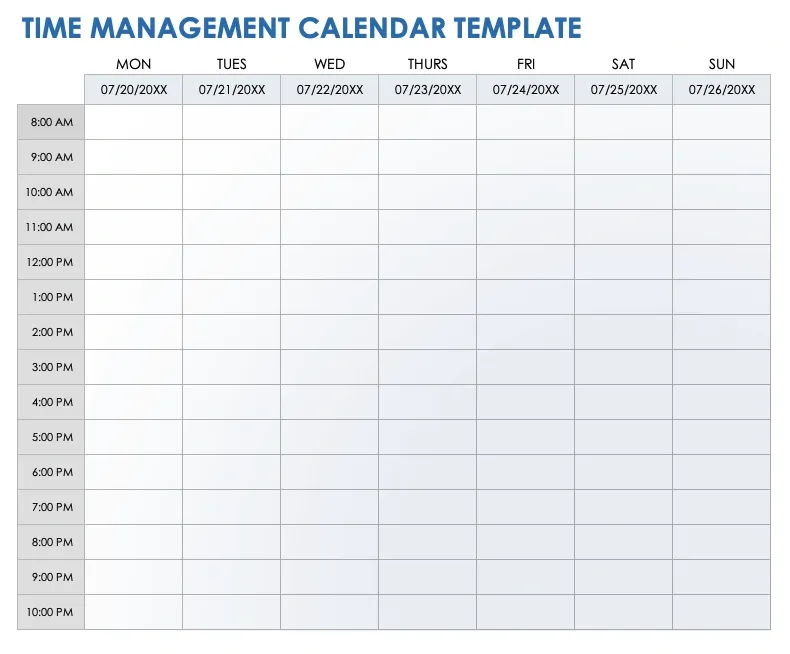 Blank weekly time management calendar template with hourly slots from 8 AM to 10 PM, Monday to Sunday.