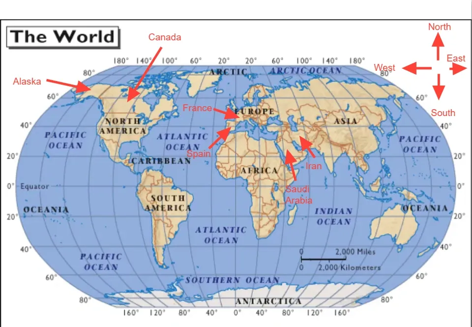 World map showing relative locations of countries and directions with labeled arrows for geography learning.