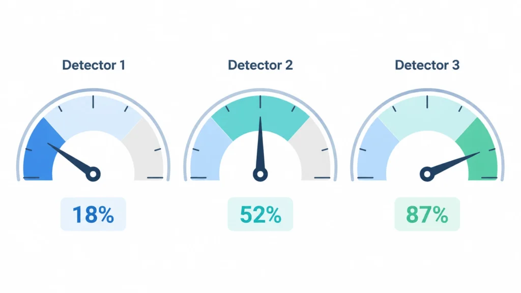 Illustration comparing how three different AI detectors can score the same essay differently