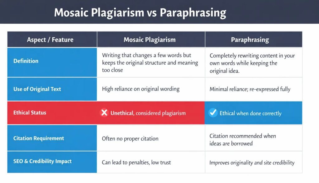 Mosaic Plagiarism vs Paraphrasing differences and comparison table easy definition