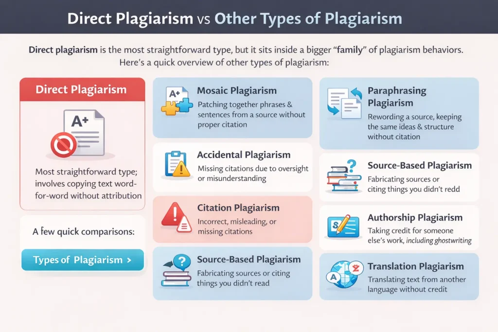 plagiarism types, direct plagiarism vs other plagiarism types, plagiarism definition, understanding plagiarism, plagiarism types definition and guide