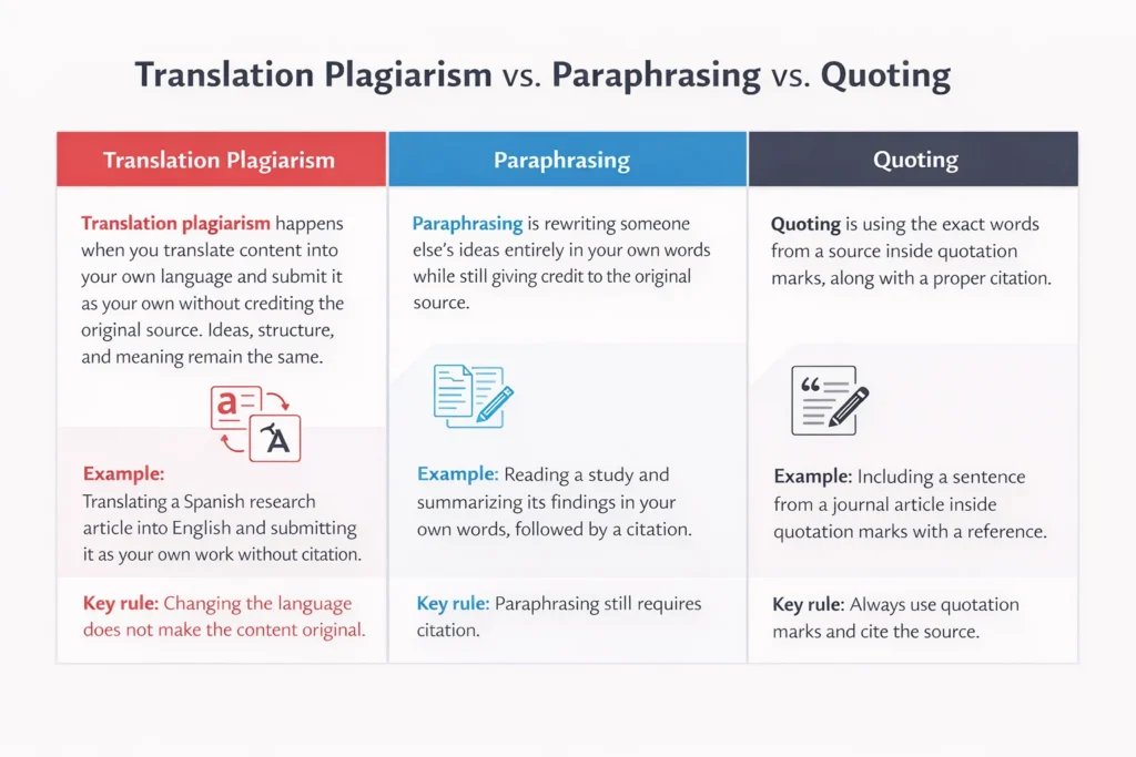translation plagiarism vs paraphrasing vs quoting