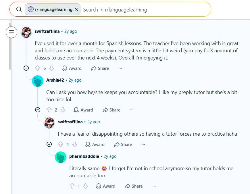 Reddit review from a Preply user saying their Spanish tutor was helpful and kept them accountable.