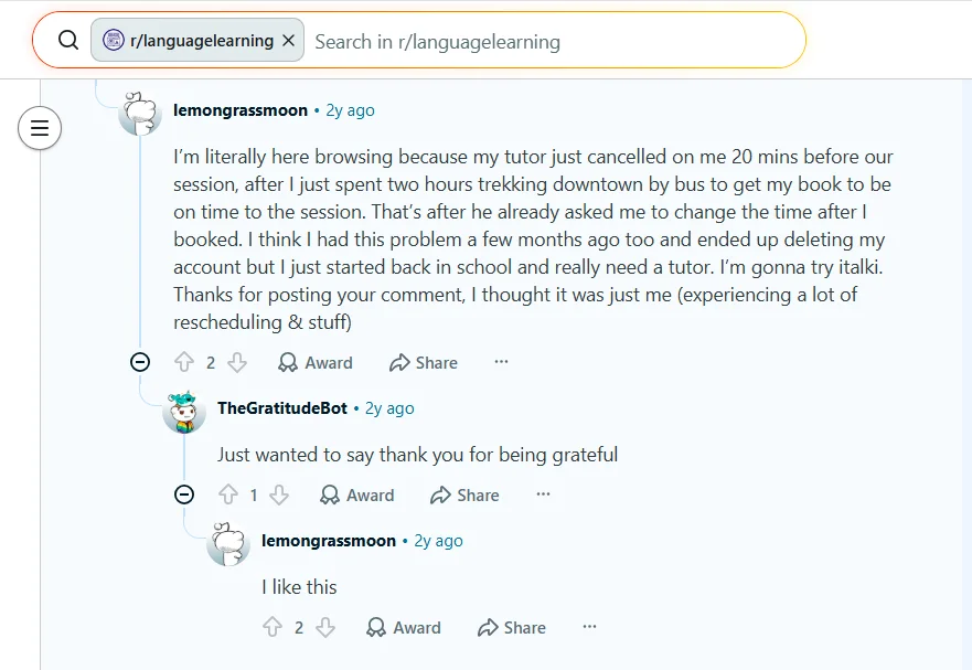 Reddit review from a Preply user discussing last-minute tutor cancellation and rescheduling issues.