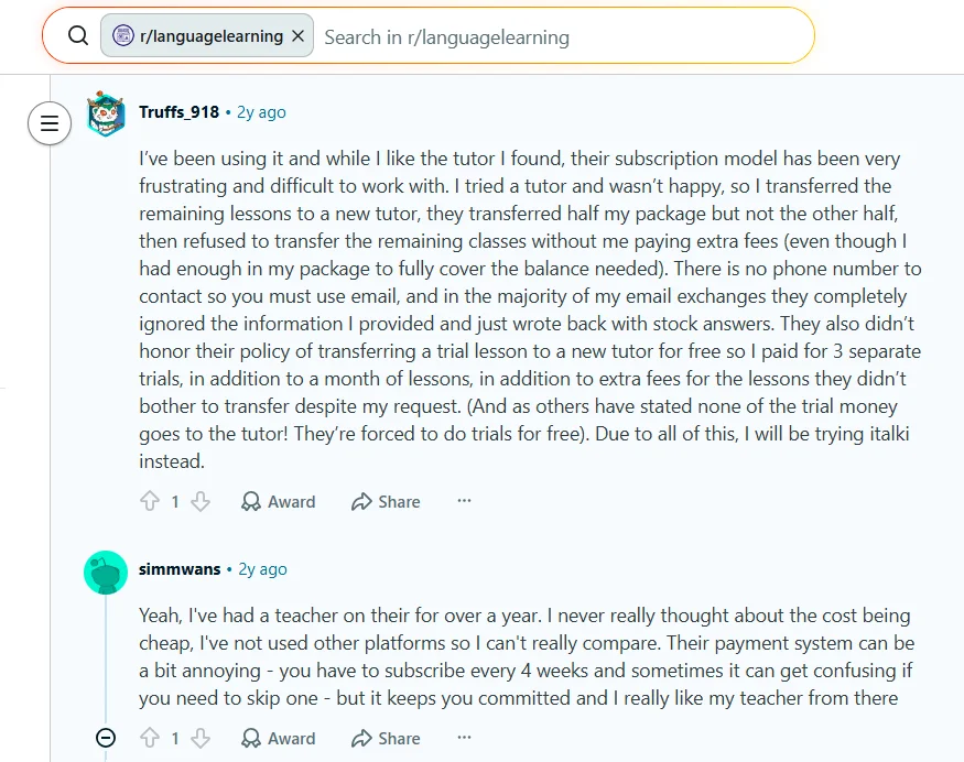 Reddit review describing frustration with Preply’s subscription model, lesson transfers, and customer support responses