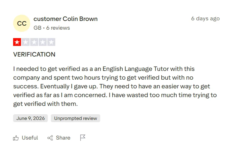 Trustpilot review from a tutor saying Preply’s English language tutor verification process was difficult and time-consuming