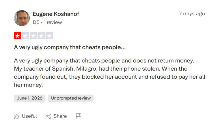 Trustpilot review claiming a Preply tutor’s account was blocked and payment was not returned.