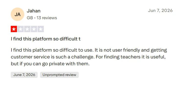 Trustpilot review saying Preply is difficult to use and customer service can be challenging.