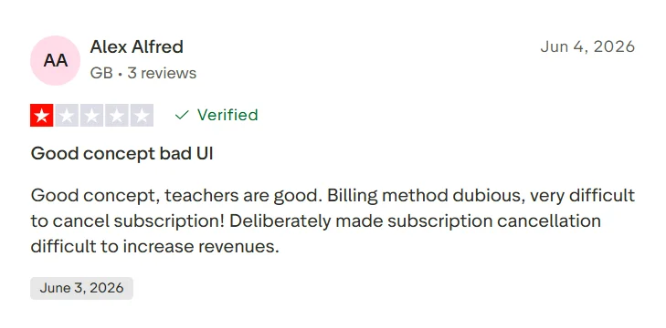 Trustpilot review saying Preply has good teachers but subscription cancellation was difficult.