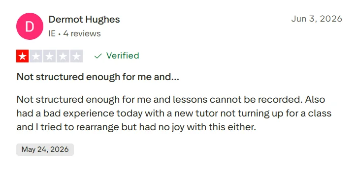 Trustpilot review saying Preply lessons were not structured enough and could not be recorded.