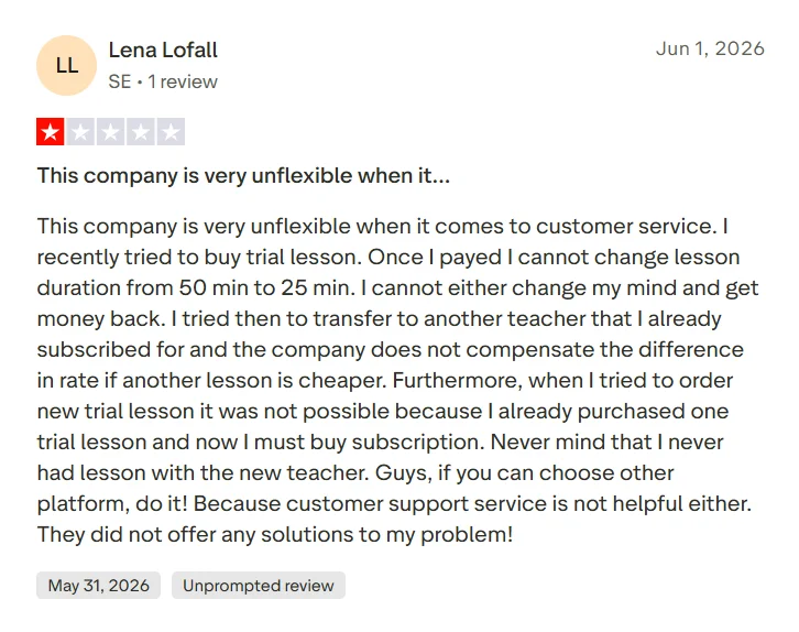 Trustpilot review saying Preply was inflexible with trial lesson changes, refunds, and transferring lessons.