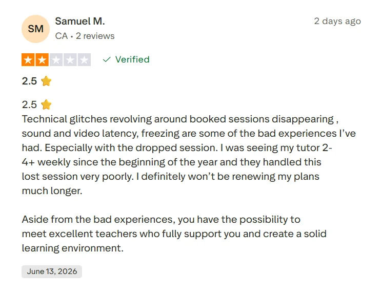Trustpilot review mentioning Preply technical glitches, disappearing booked sessions, latency, freezing, and dropped sessions.