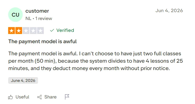 Trustpilot review criticizing Preply’s payment model and monthly lesson structure.