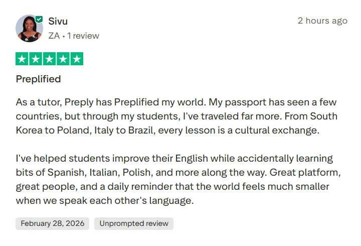 Trustpilot review from a Preply tutor describing positive cultural exchange with international students.