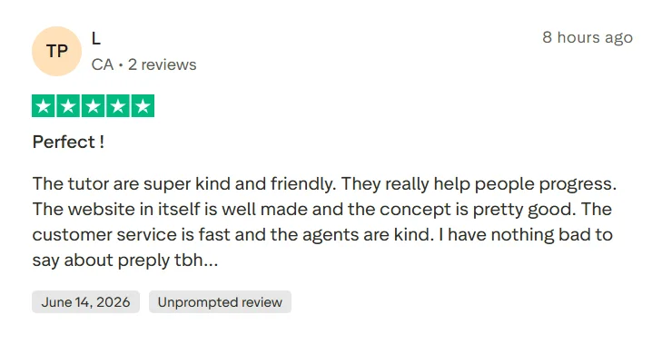Trustpilot review praising Preply tutors as kind and friendly and customer service as fast.