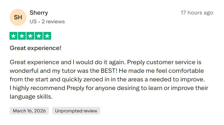 Trustpilot review saying Preply customer service was wonderful and the tutor helped identify areas for improvement.