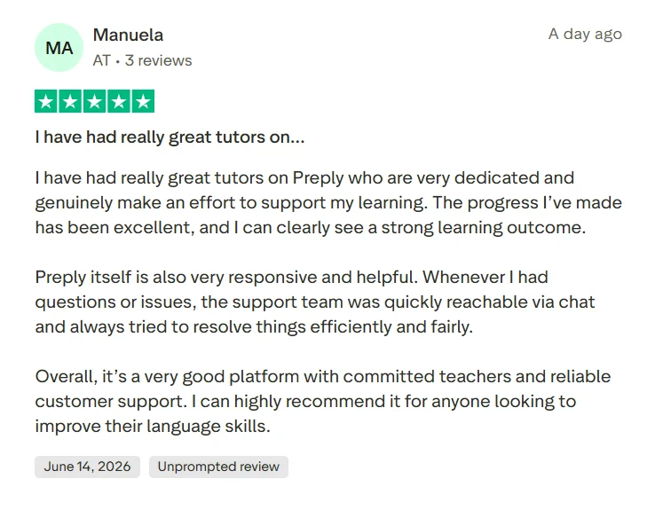 Trustpilot review praising Preply tutors for dedication and customer support for being responsive through chat.