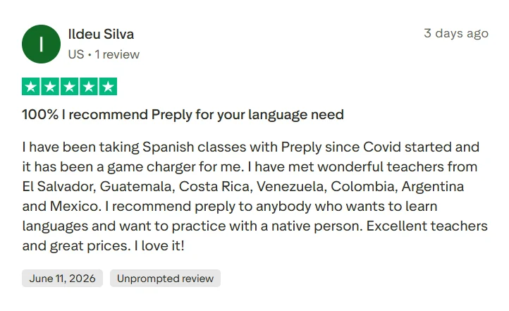 Trustpilot review from a long-term Preply user recommending the platform for Spanish lessons with native tutors.