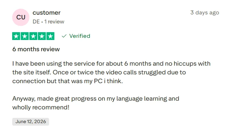 Trustpilot review from a Preply user saying they used the service for six months and made good progress.