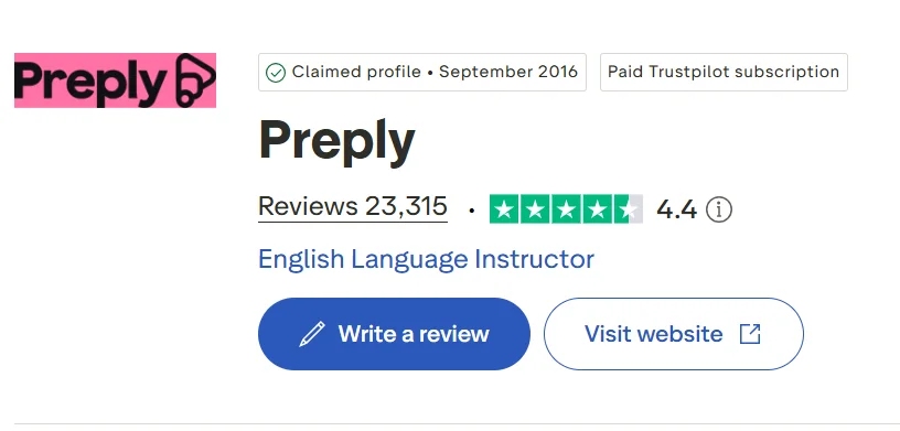 Trustpilot profile screenshot showing Preply’s overall rating and review count