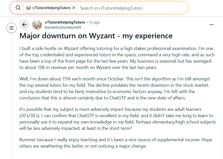 Reddit screenshot discussing a tutor’s experience with Wyzant, reduced demand, competition, and platform changes.