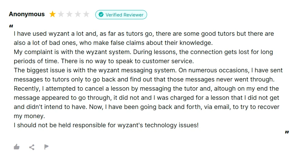 Wyzant Reviews.io negative review complaining about messaging issues, technology problems, and customer service.