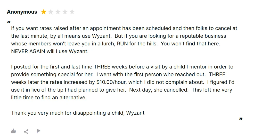 Wyzant Reviews.io review describing dissatisfaction with a tutor rate increase and cancellation before a lesson.
