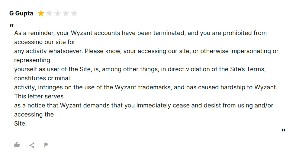 Reviews.io screenshot showing a Wyzant user complaint about account termination and access restrictions.