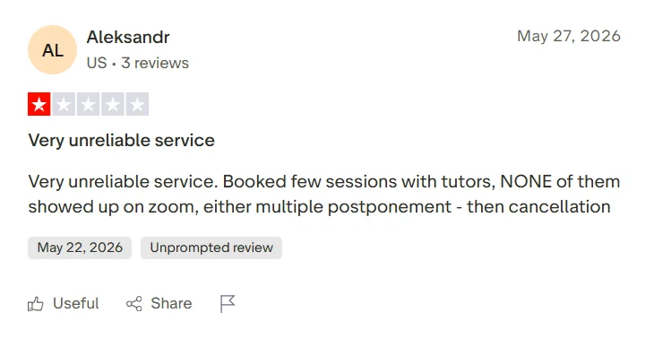 Negative Wyzant Trustpilot review complaining about tutors not showing up and repeated cancellations.