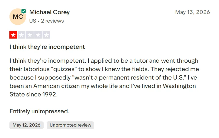 Negative Trustpilot review from a Wyzant tutor applicant discussing rejection after quizzes and application checks.