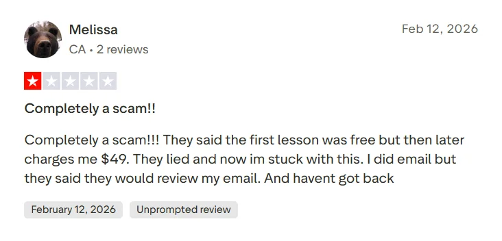 Wyzant Trustpilot review complaining about being charged after expecting a free first lesson.