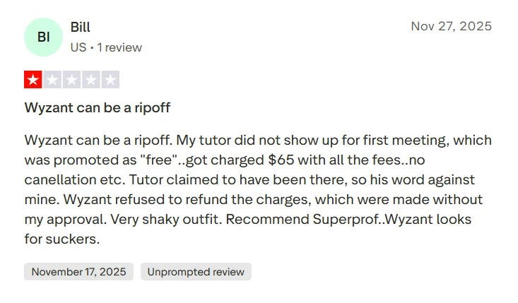 Negative Wyzant review saying tutor did not show up and the user struggled with refund support.
