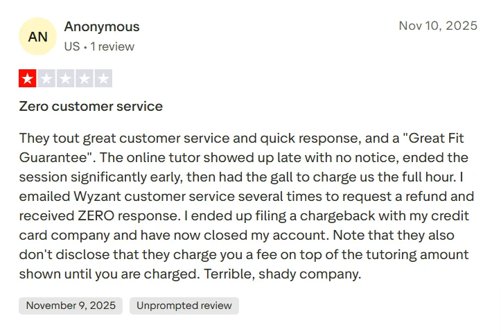 Wyzant Trustpilot review complaining about customer service, late tutor, and extra service fee.
