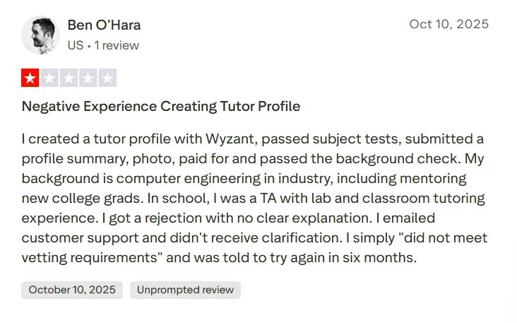 Trustpilot review from a tutor applicant describing a negative experience creating a Wyzant tutor profile.